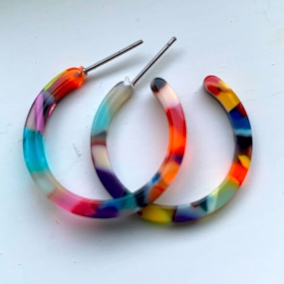Colorful Swirled Marbleized Acetate Eco Unisex Hoop Handmade Men’s Earrings NEW - Picture 4 of 11